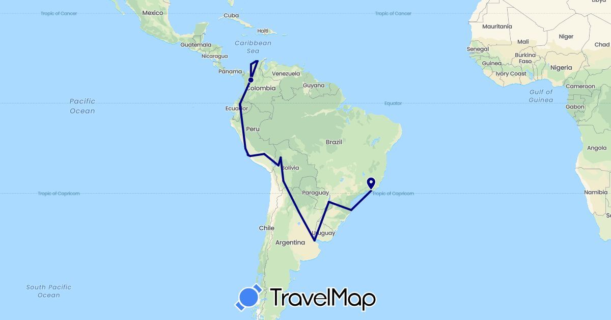 TravelMap itinerary: driving in Argentina, Bolivia, Brazil, Colombia, Ecuador, Peru (South America)